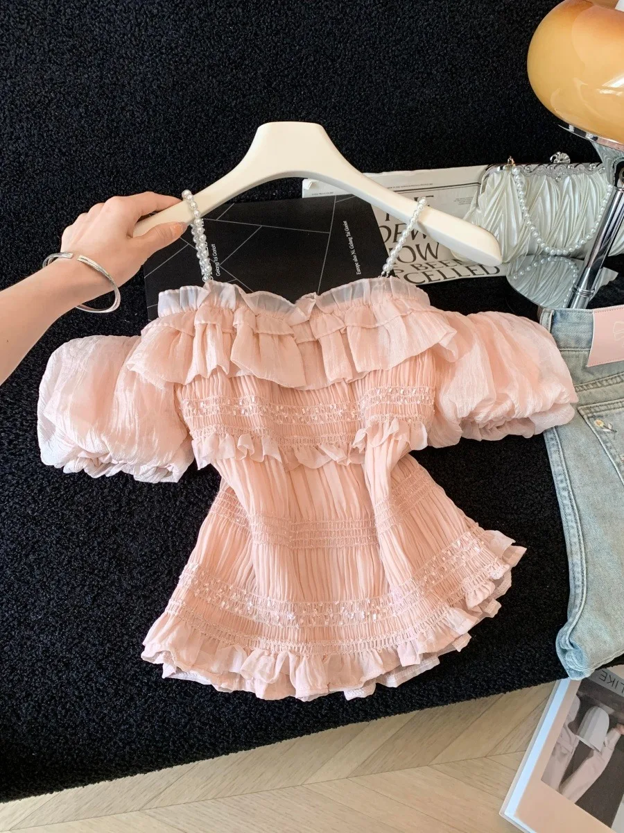 

Elegant Pearl Detail Short Sleeve Chiffon Blouse Women's Summer Fashion Sensation Waist Cinched Gentle Wind Style Shirt