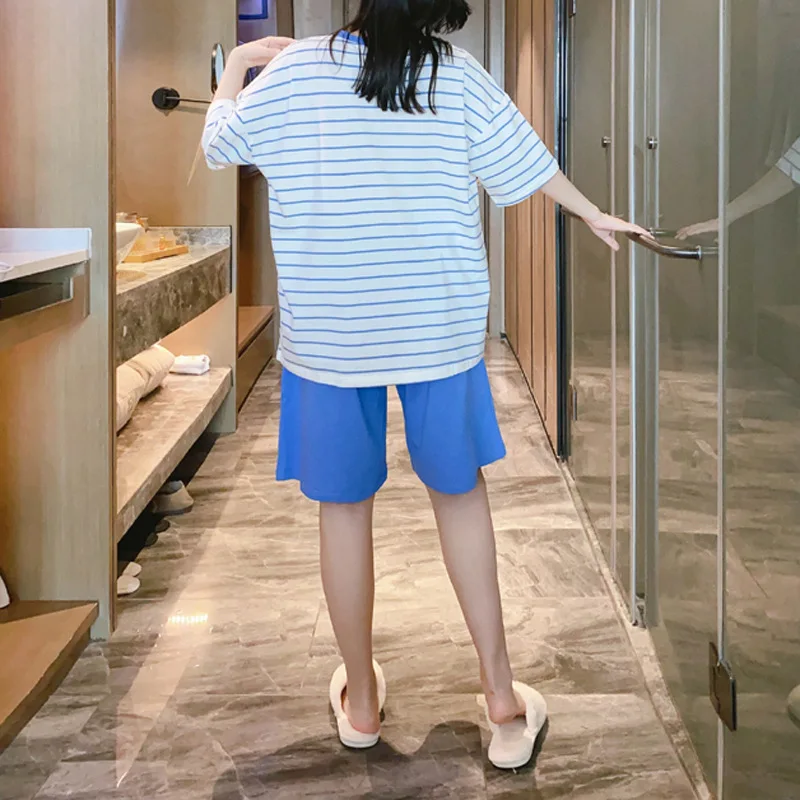 100 кг хлопковые пижамы больших размеров, женские летние полосатые свободные пижамы, домашний костюм, корейская студенческая одежда для отдыха для девочек, которую можно носить на улице