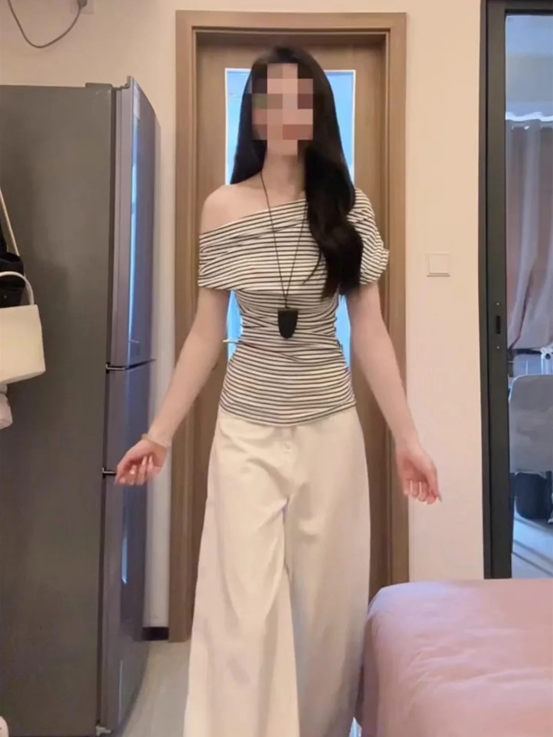 Slim Fit Striped Short Sleeve T-Shirt Women's Summer Waist Cinched Design High Waist Print Crossbody Shoulder Top Trendy Style