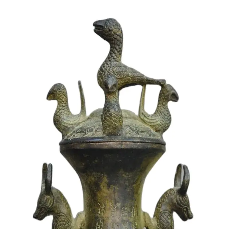 Old China Dynasty bronze ware bird beast Dragon Text Zun Cup Bottle Pot Vase Jar