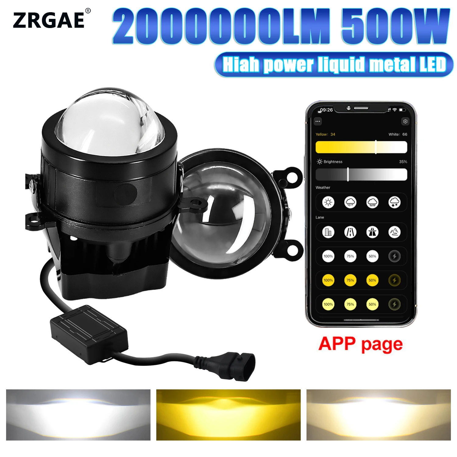 1 Pair Front LED Fog Lights Kit Universal Lens 500W Auto Lamp HID LED Projector Lens High+Low Beam 6000K AI Mobile APP Control