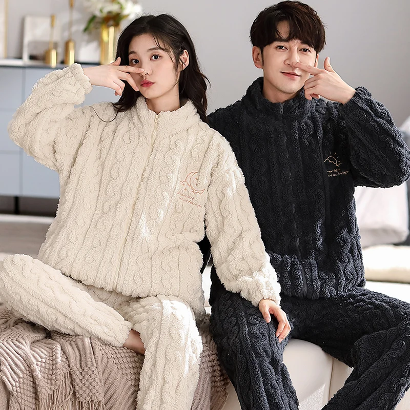 Newest Winter Thick Warm Flannel Pajamas Set Couple Leisure Comfortable Soft M-3XL  Lovers Pijamas