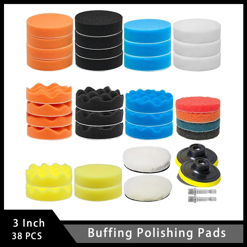 Tampons de polissage de planche avec tampons à récurer, perceuse en mousse de voiture, kit de tampons de polissage pour le polissage et le cirage automatiques, 38 pièces, 3 pouces