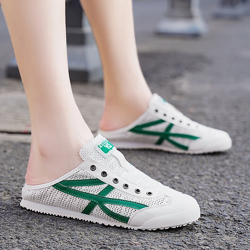 

Men Mesh Half Slippers Summer Breathable Slip On Shoes Backless Closed Toe Casual Lazy White Loafers