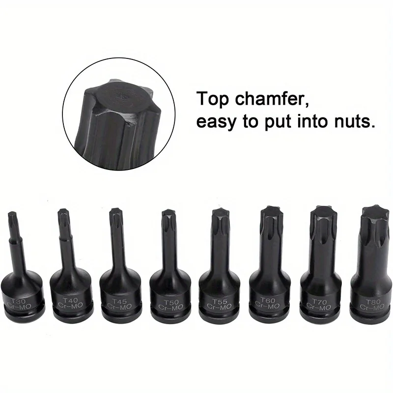 Impact Plummer Head Socket Set of 8, T30 T40 T45 T50 T55 T60 T70 T80 Cr-Mo Impact Grade, 1/2