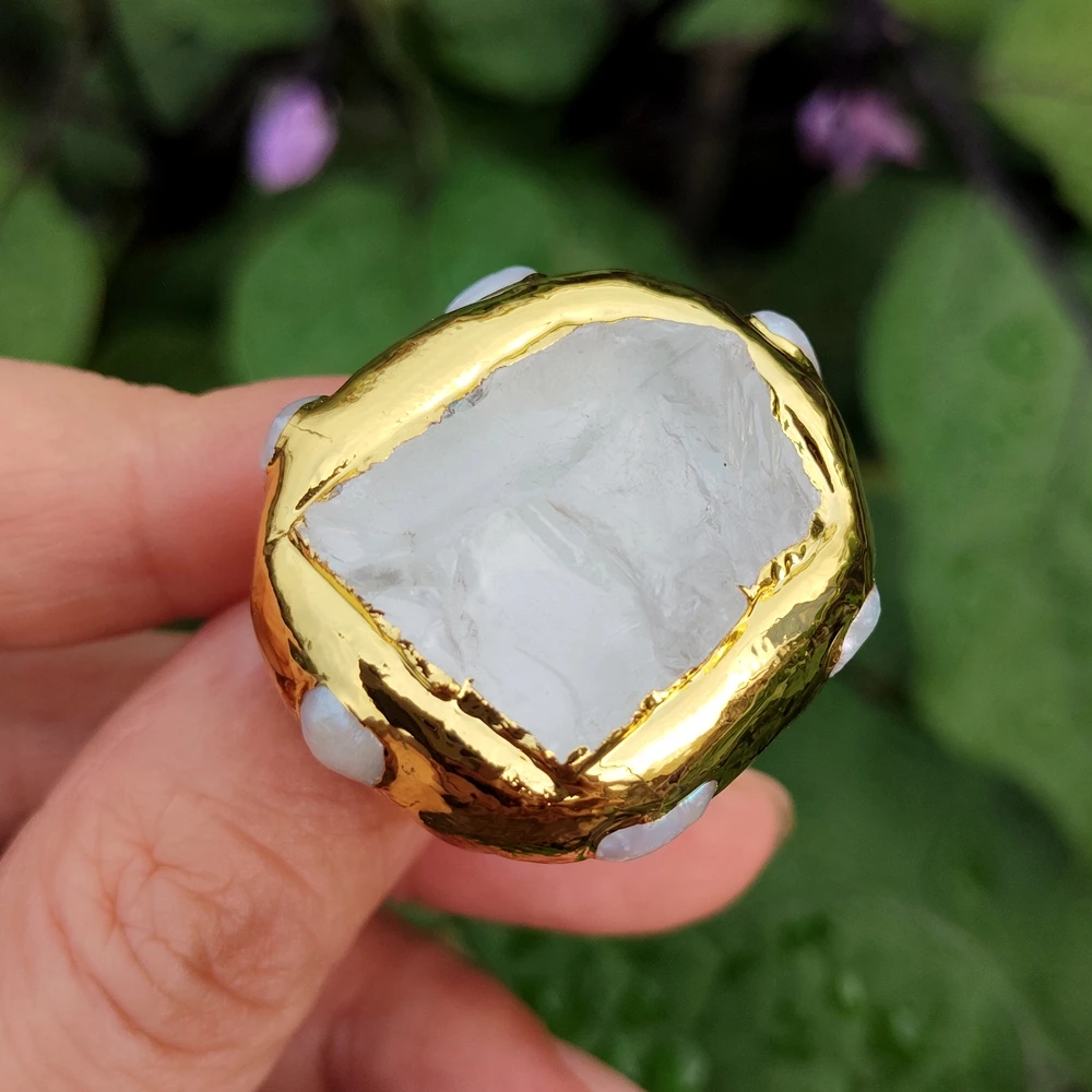 Y·YING Big Real White Quartz Rough Raw White Pearl Adjustable Ring Fashion Jewelry