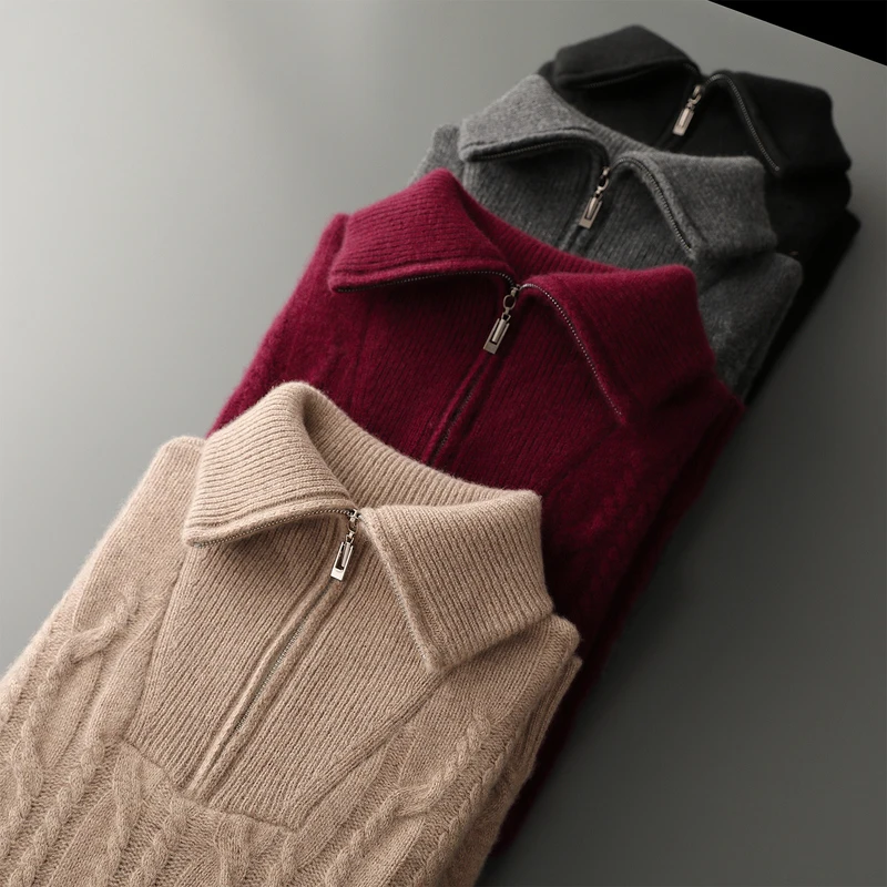 

Высококачественный 100% кашемировый свитер, мужской поло на молнии, вязаный пуловер, толстый, мягкий, теплый кашемировый трикотаж, осенне-зимняя одежда