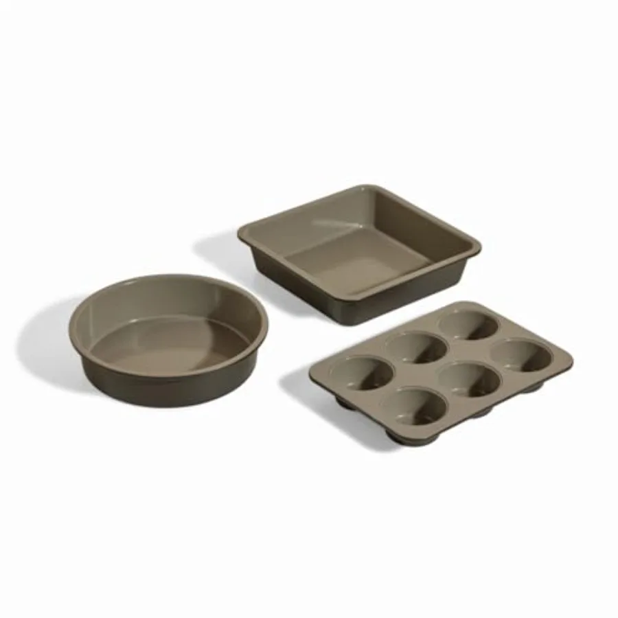 Baking kit for home use: aluminum non-stick round, square and muffin pans in silver with even heat distribution and easy releas
