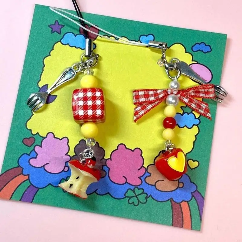 HX6F Bowknot Phone Charm Beaded Phone Pendant Fashion Keychain Bag Pendant Fruit Camera Pendant Perfect Gift for Women Girl