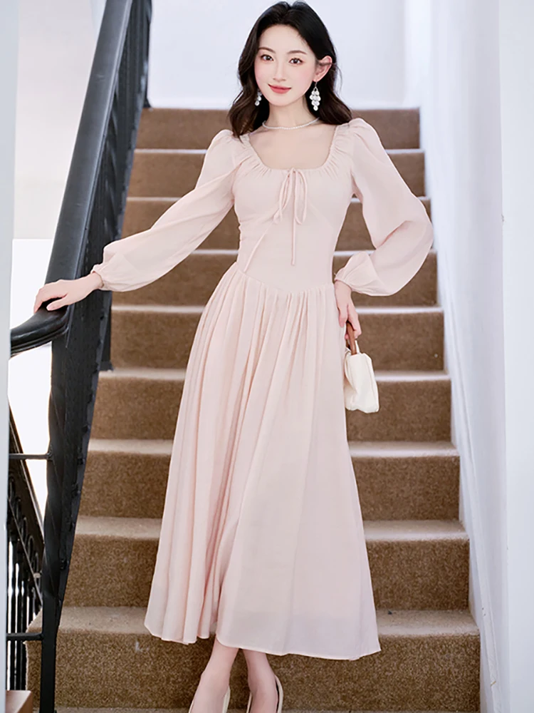 

Autumn Pink Chiffon Long Sleeve Bow Square Collar Long Dress Women Korean Elegant Casual Dress 2025 Fashion Bodycon Party Dress