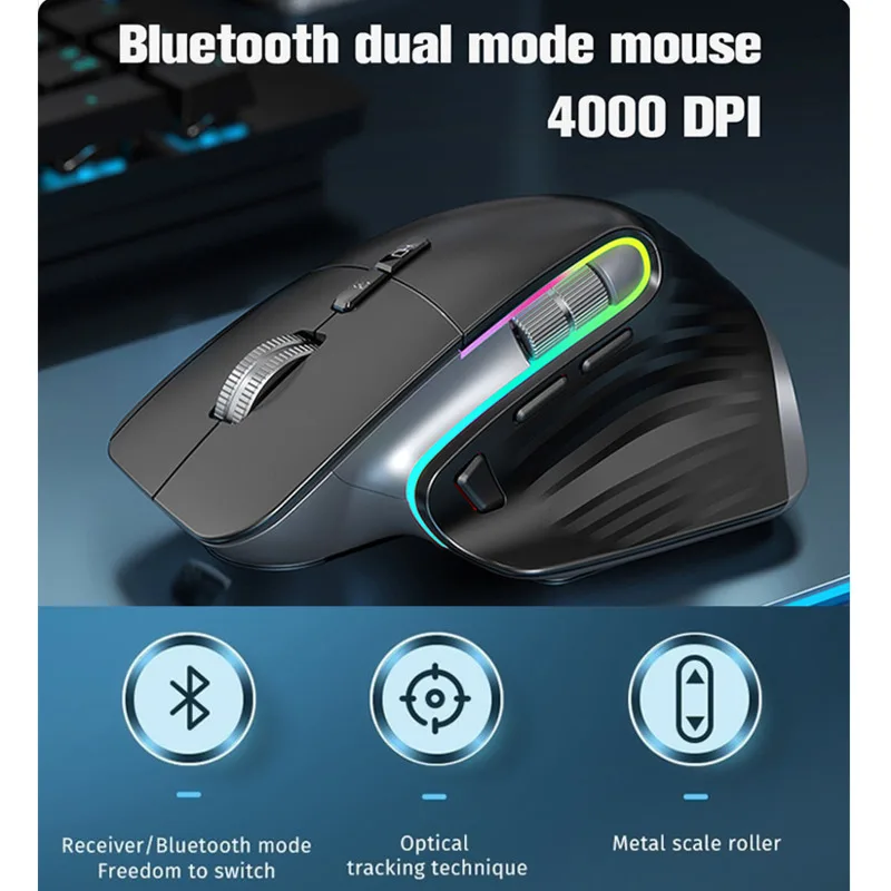 JOMAA Ergonomic Bluetooth +2.4G Dual mode Wireless Mouse Rechargeable 4000DPI 8 Button Programming Silent Mouse For PC/Desktop