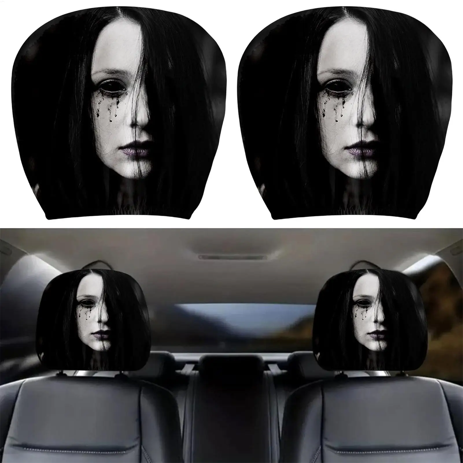 Scary Headrest Cover Ghost Face Universal Stretchy Case Horror Print Seat Headrest Protector for SUVs Trucks Halloween Trip