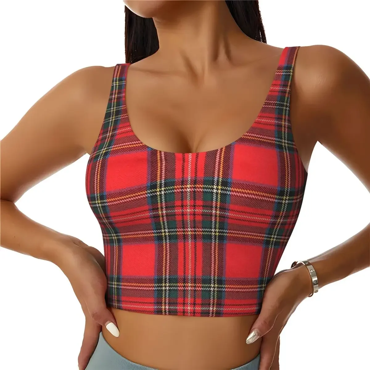Custom Royal Stewart Tartan Women Sports Bra High Impact Vest Gym Workout Yoga Crop Tank Top