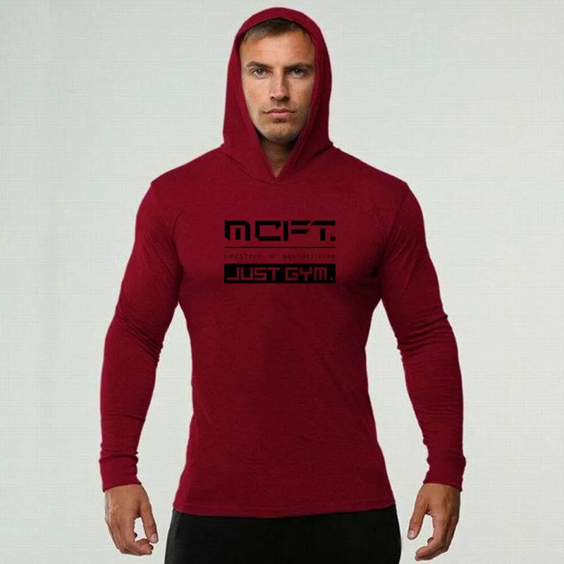 Mens Long Sleeves Elasticity Cotton Hooded T Shirts Muscle Man Gym Fitness Bodybuilding Jogger Brand Clothing Tee Shirt Homme