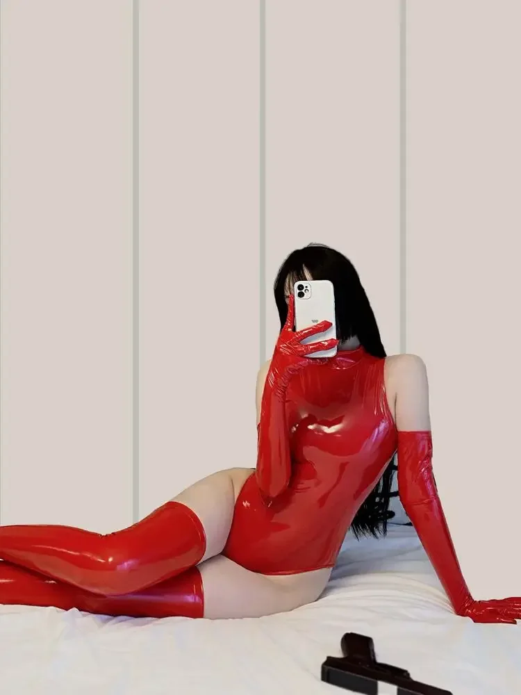 بدلة Catsuit البلاستيكية ذات المظهر الرطب بدون أكمام مفتوحة المنشعب بدلة لامعة من جلد البولي يوريثان التأثيرية Sukumizu قمصان علوية للجسم ملابس ضيقة مثيرة للنوادي #6