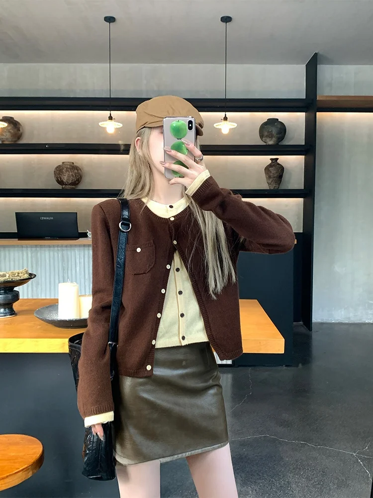 

Wangking Color Blo Long Sve Knitted Sweater Women's round Ne Open Cardigan Top Faionable Korean Sle Commute Wind