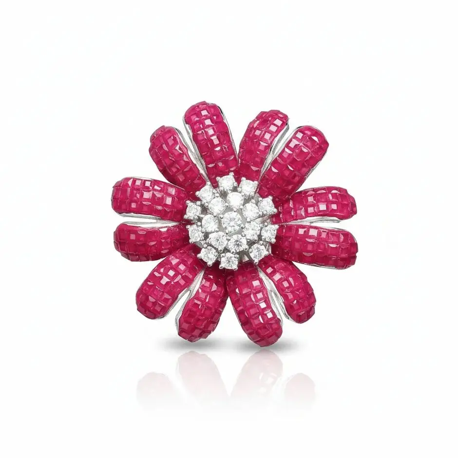 

Elegant Mystery Set Ruby Flower Ring Luxury 925 Sterling Silver Daisy Design Statement Fine Jewelry for Women's Anniversary Gift