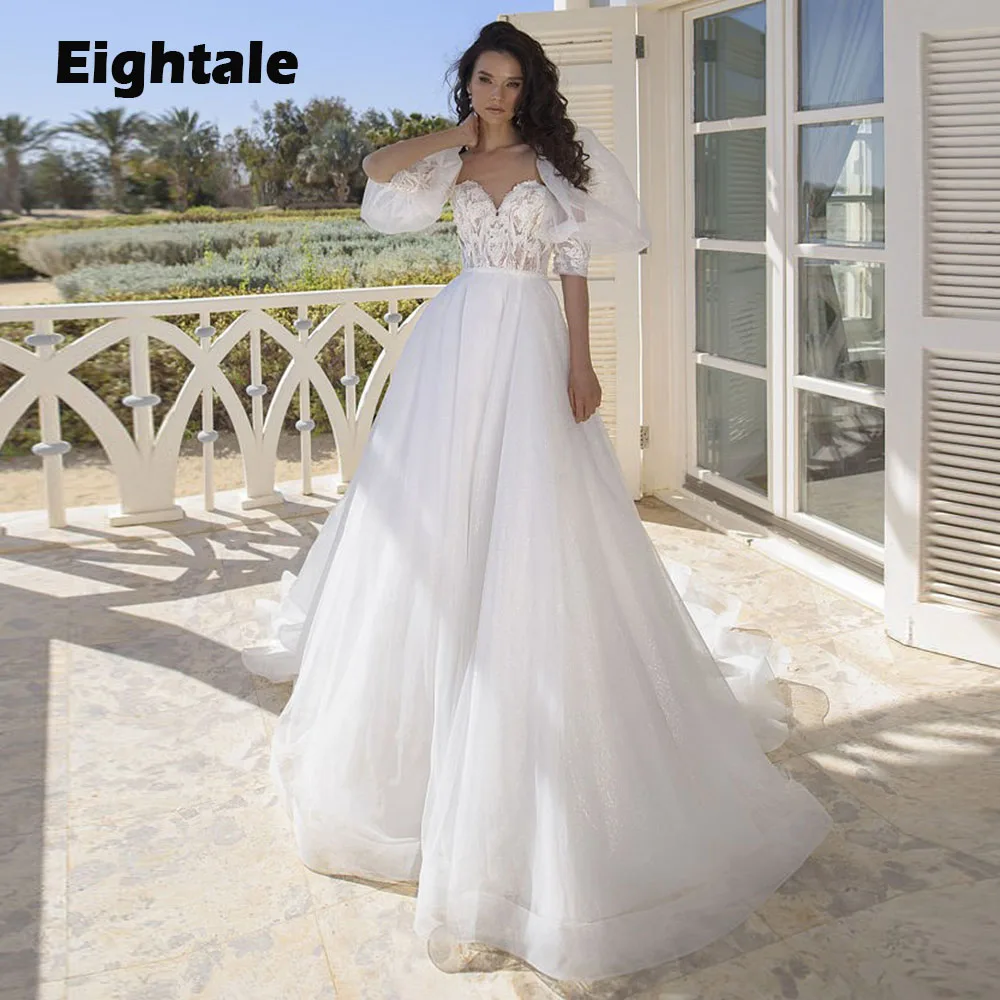 

Eightale Beach Wedding Dress Sweetheart Appliques Lace Half Sleeves White Ivory Boho Bride Dress 2023 vestidos de novia