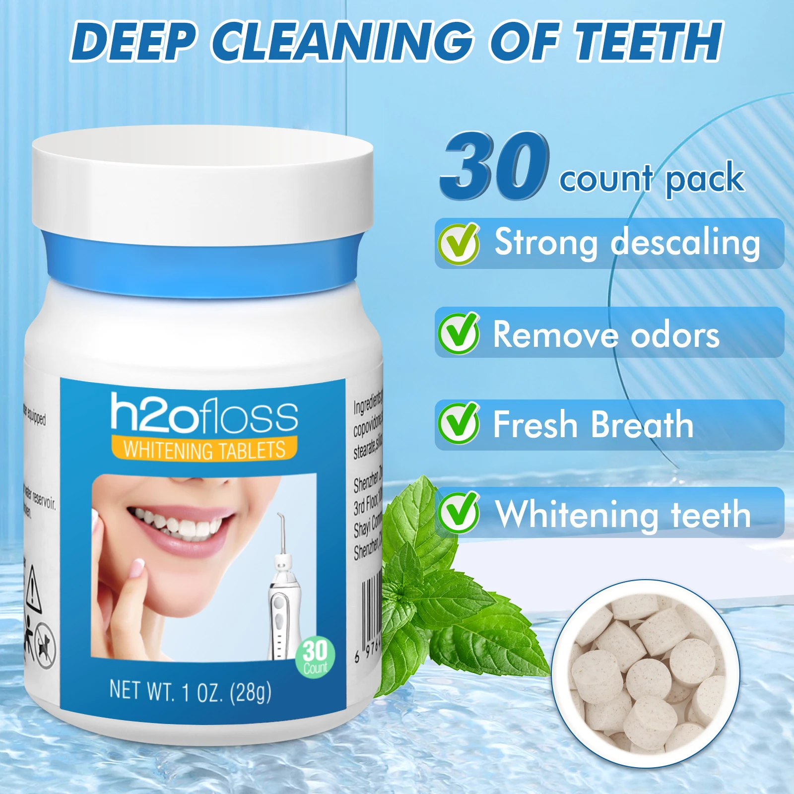 h2ofloss Whitening Tablets for Teeth -Compatible with All h2ofloss Water Dental Flosser Oral Irrigator-30 pcs /Bottle (Cinnamon)