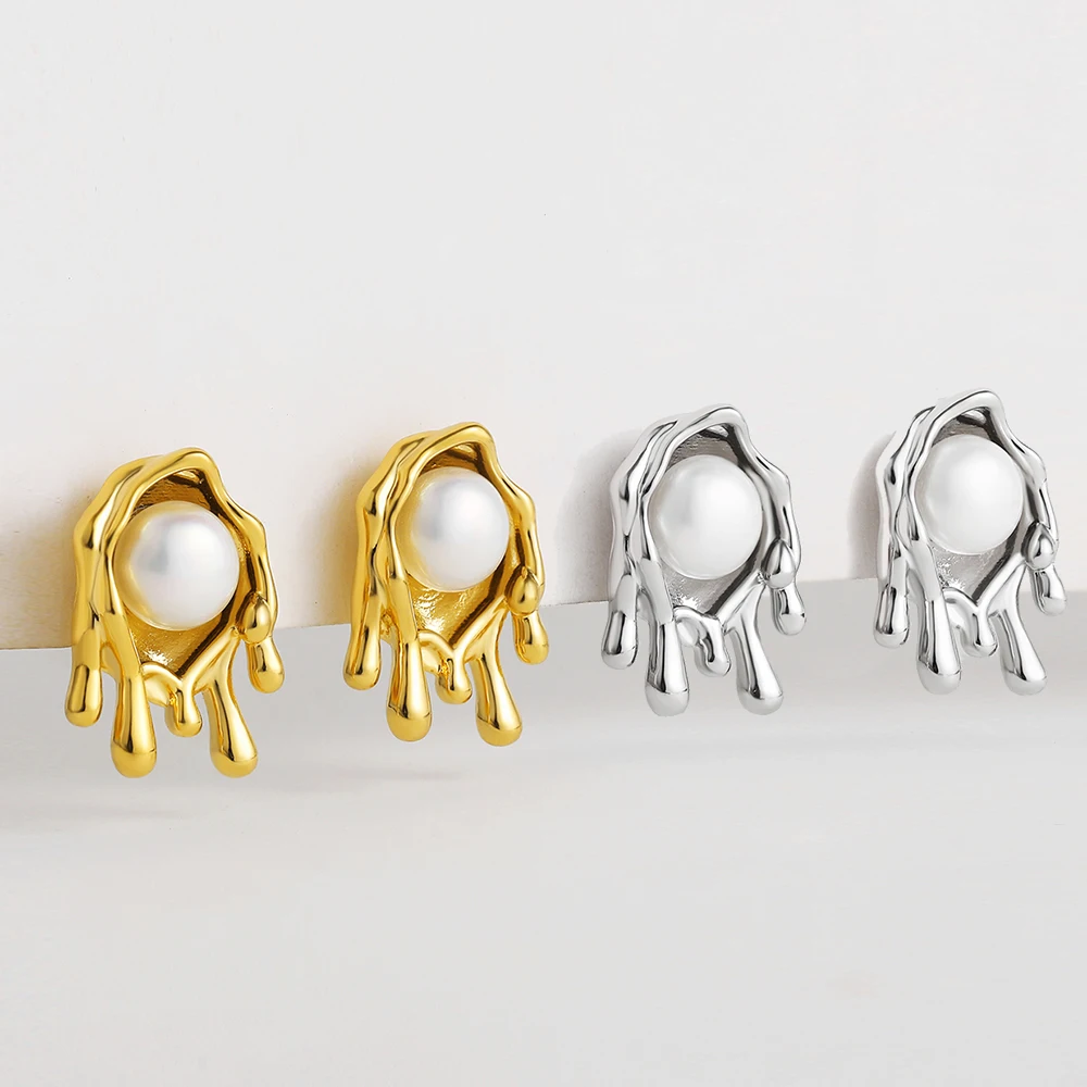 

Creative Stainless Steel Gold Plated Stud Earring Personality Dripping Honey Freshwater Pearl Earrings for Women Fashion Jewelry