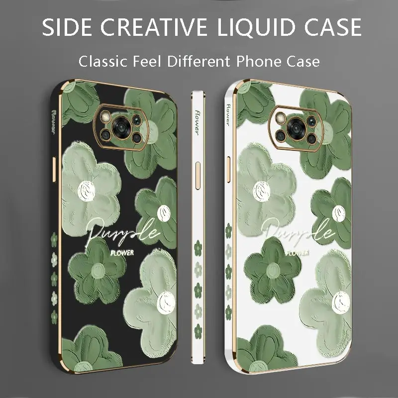 Green Flower Luxury Plating Phone Case For Xiaomi POCO X3 X5 X2 X5Pro X3Pro X4Pro X4GT X3GT X4NFC X3NFC F5 F4GT M3Pro M4 Cover