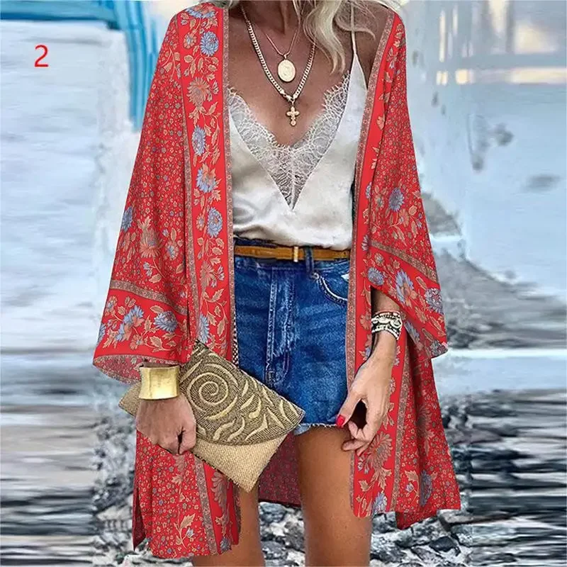 

Vacation Batwing Long-sleeved Women's Fashion New Casual Cardigan Printed Top Cover Up