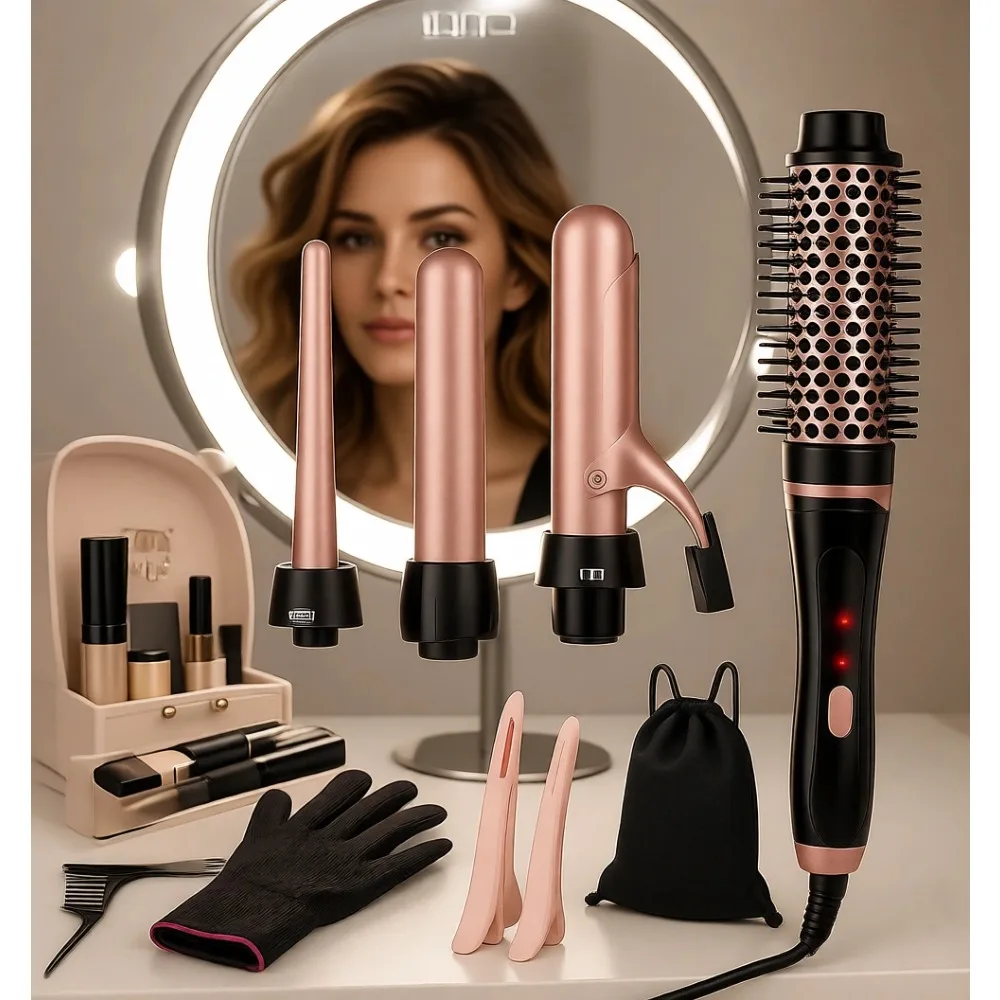 5 in 1 Curling Iron and Thermal Brush Set with 4 Ceramic Barrels Fast Heat Dual Voltage Travel Hair Tools Gift