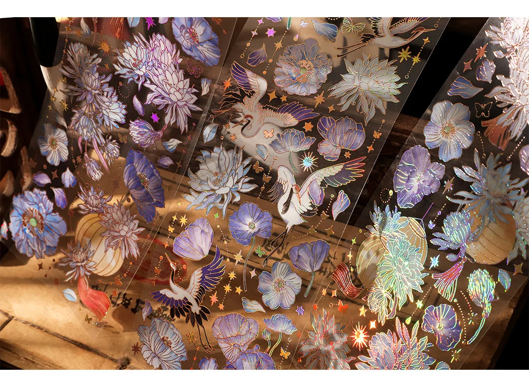 3 Sheets/pack Sky Light Flower Shadow Series 3D Color Hot Gilding PET Stickers China Retro Plants Scrapbook Decorations