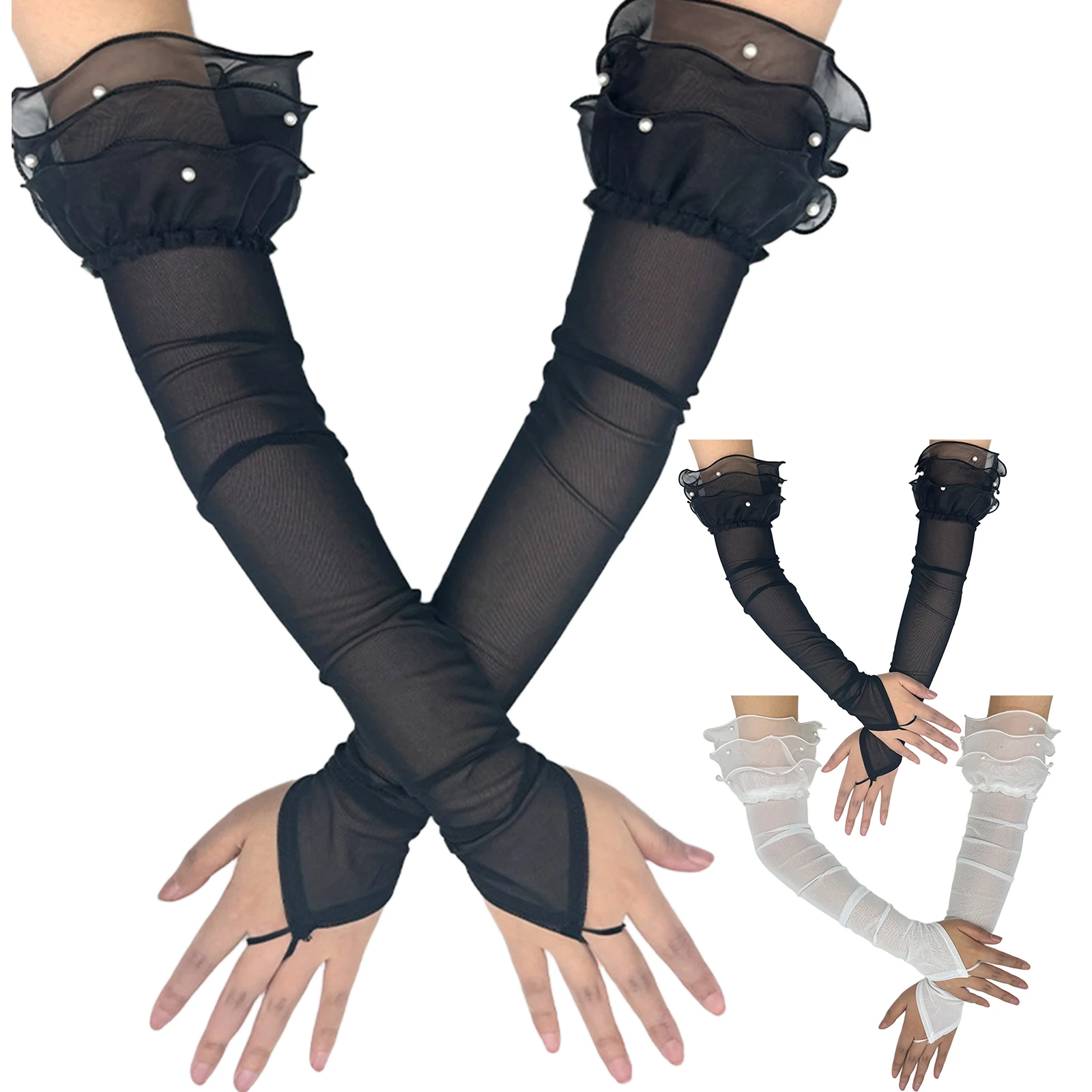 Guanti sexy da donna lunghi senza dita trasparenti con elasticità in rete con gancio per dito, etichetta solida, accessori per cosplay