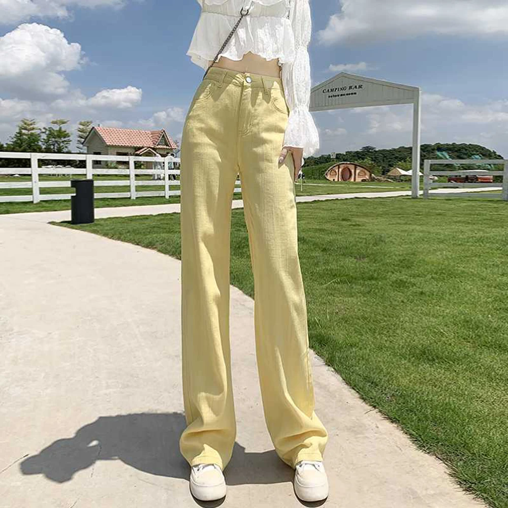 

Однотонные женские джинсовые брюки Icesilk, тонкие широкие джинсы с высокой талией, летние/осенние универсальные женские длинные прямые брюки