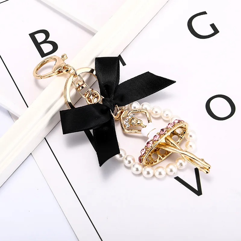 Crystal Delicate Bow Pearl Ballerina Girl Key Chain Pendant Rhinestone Women Handbag Car Key Chains Beautiful Girls Bag Pendant