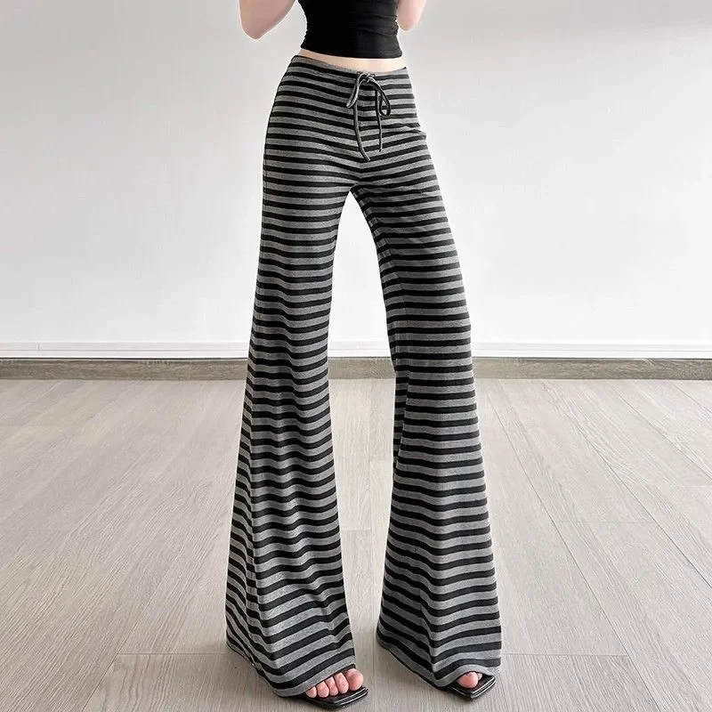 Stylish Drawstring High Waist Trousers Women's Clothing American Casual Striped Autumn Basic Contrasting Colors Bootcut Pants