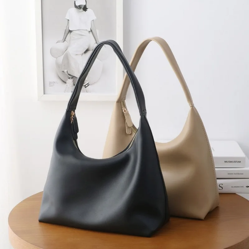 

Корейская мягкая кожаная сумка в форме полумесяца, повседневный стиль, однотонная сумка-тоут, большая вместительная рабочая сумка для поездок на работу, iPad, подходит для кошелька на плечо, бежевый, черный