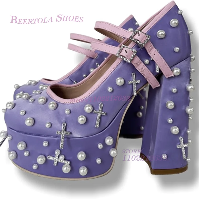 Purple Water Platform Pearl Embroidery Platform Heels Girls Round Head Chunky Sandals Buckle Crystal Women Dress Party Cute Shoe