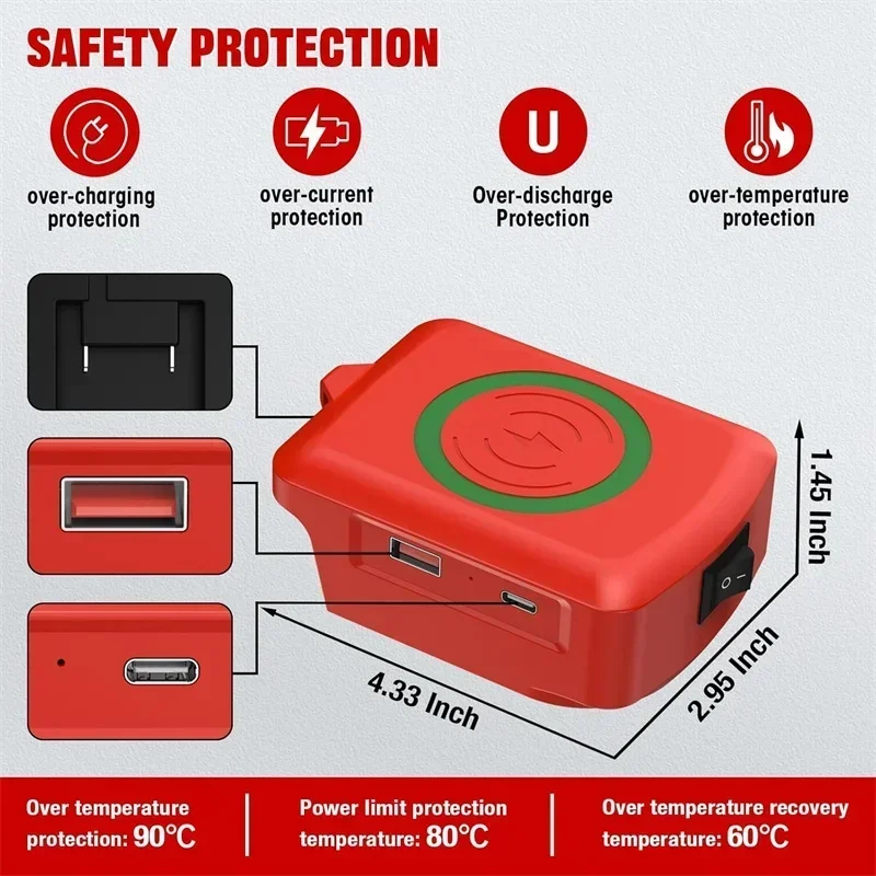 For Makita/Dewalt/Milwaukee18V Li-ion Battery Wireless Phone Charger USB Adapter TYPE-C Port Fast Charging Portable Power Bank