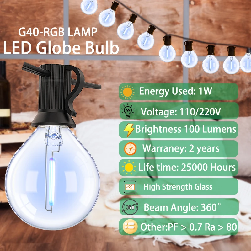 Imagem -02 - Guirlanda de Luz de Corda ao ar Livre Lâmpada Led G40 eu Plug E12 Impermeável Conectado Home Patio Decor Corrente Suspensa