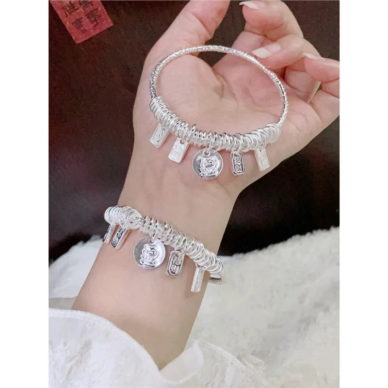 

9999 Sterling Beaded Coiled Lucky Bracelet Women Peace And Joy Fortune Silver Bangle