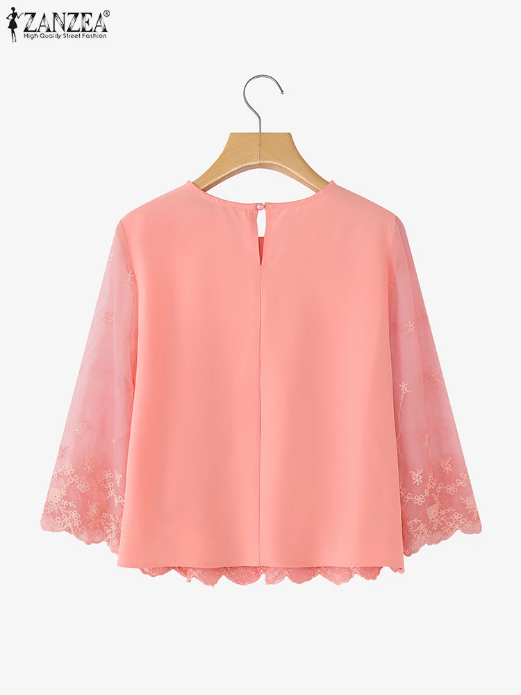 2025 ZANZEA 秋ブラウス女性エレガントな視点メッシュパッチワークチュニックトップス 3/4 スリーブカジュアルプリントシャツルーズ Blusas ファム