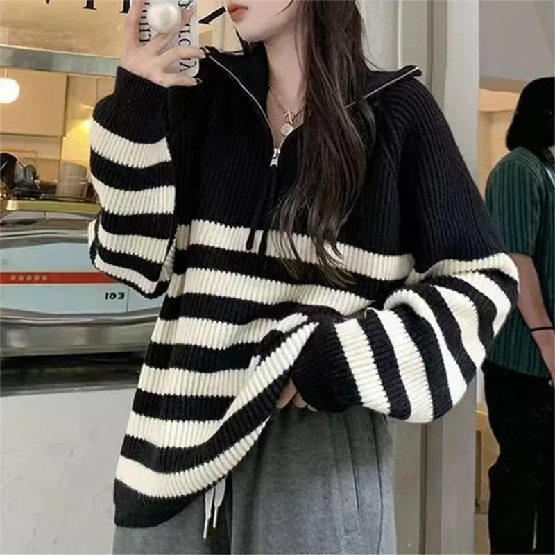 

Women's Outer Wear Stripesd Half-Zip Turtleneck Pullover Knitwear Autumn and Winter New Korean Style Loose Slimming Look Inner Knitwear for Women