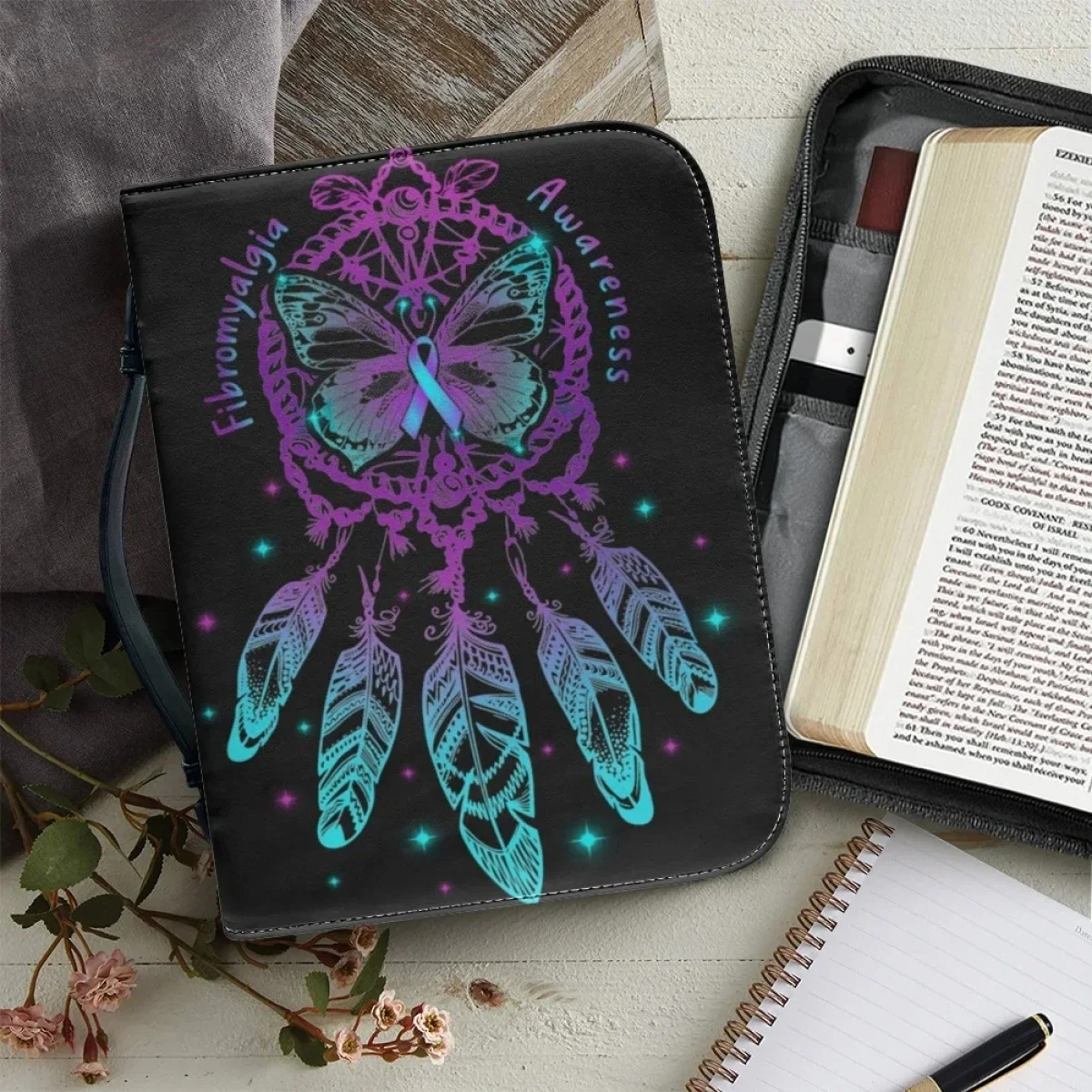 Fashion Colorful Dreamcatcher Pattern Bible Bags Leather Handbags for Women Bible Cover Case Zippered Handle Bible Storage Bags