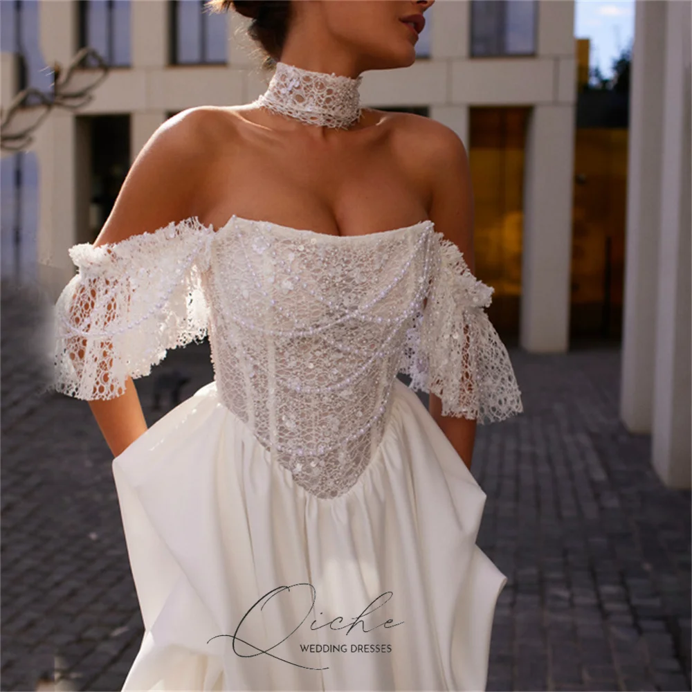 QICHE-Vestido De Novia moderno De encaje, corte en A, hombros descubiertos, cuentas, cuello barco, Espalda descubierta, plisado, personalizado