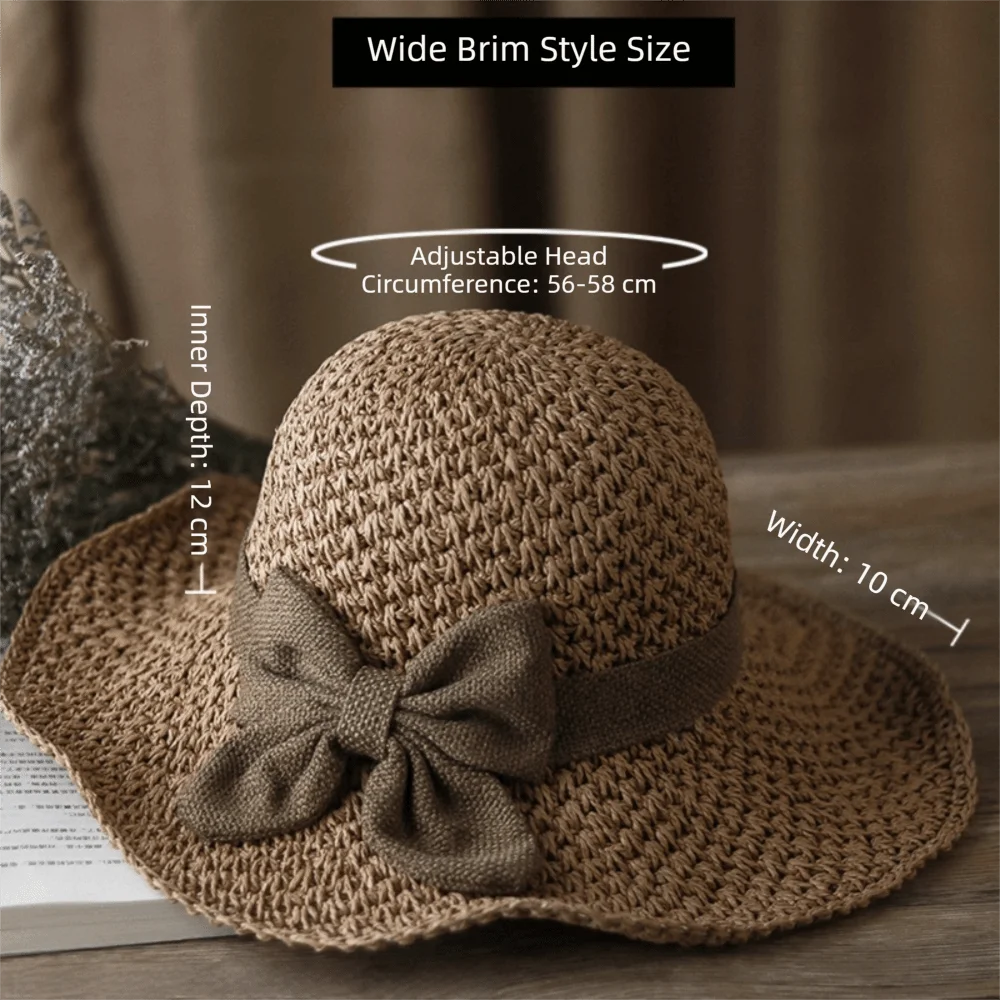 Vintage Breathable Braided Straw Hat Foldable with Bow Beach Cap UV Protection Wide Brim Sunshade Hat Summer