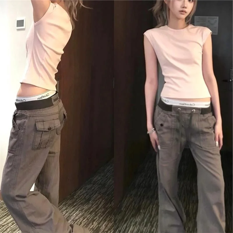 

Low Waist Flared Casual Pants Women's Stylish Street Personality Slimming Workwear Trousers Drawstring Casual Straight Leg
