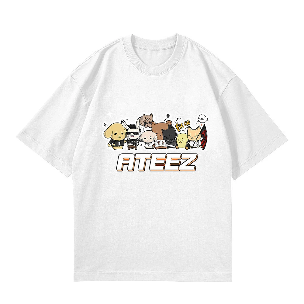 KPOP ATEEZ T-Shirt THE WORLD EP.2 : OUTLAW Album Cartoon Printed Short Sleeves Hongjoong Seonghwa Yunho Summer Clothes Fans Gift