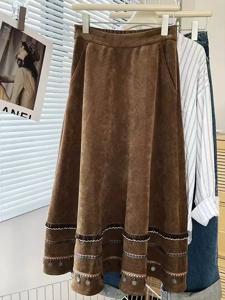 

Осень-зима 2024, трендовые длинные юбки с карманами для женщин, faldas, женская одежда, популярная корейская женская юбка saia