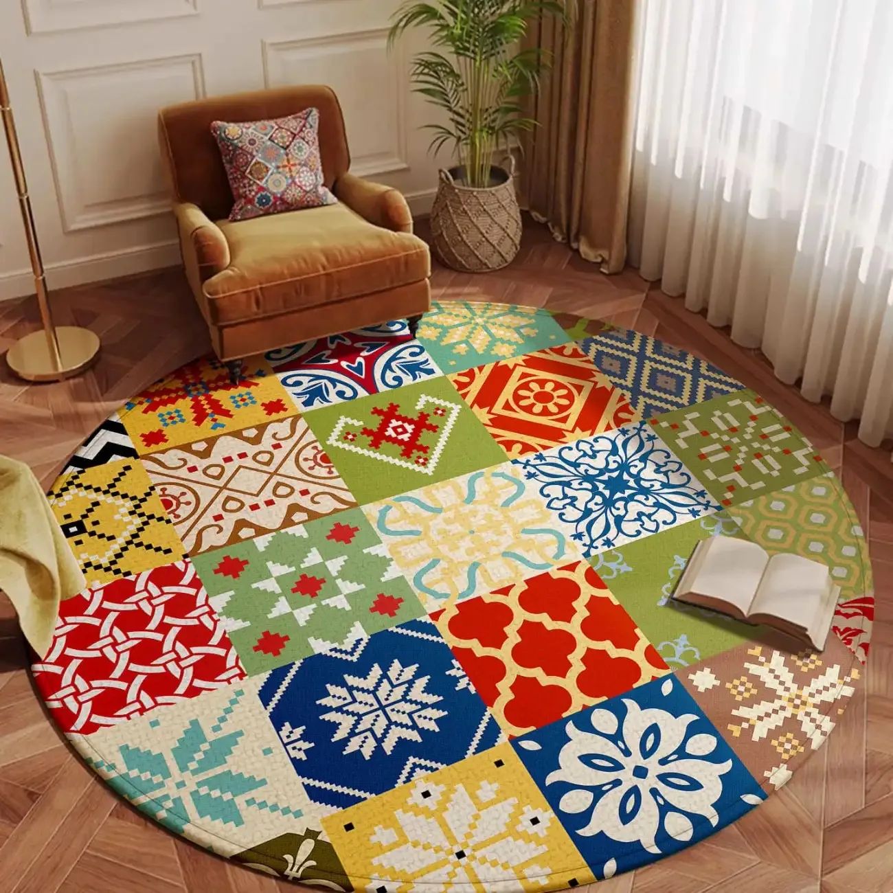 سجادة مستديرة عرقية سجادة ملونة بتصميم هندسي مرقع بنمط قبلي سجادة أرضية ناعمة لتزيين غرفة المعيشة والمنزل