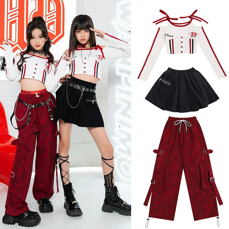 2024 Hip Pop Dance Costumes For Girl's Group New Hip Pop Dance Costumes Cool Street Stage Costume Red Pants Tops Skirt XH1345