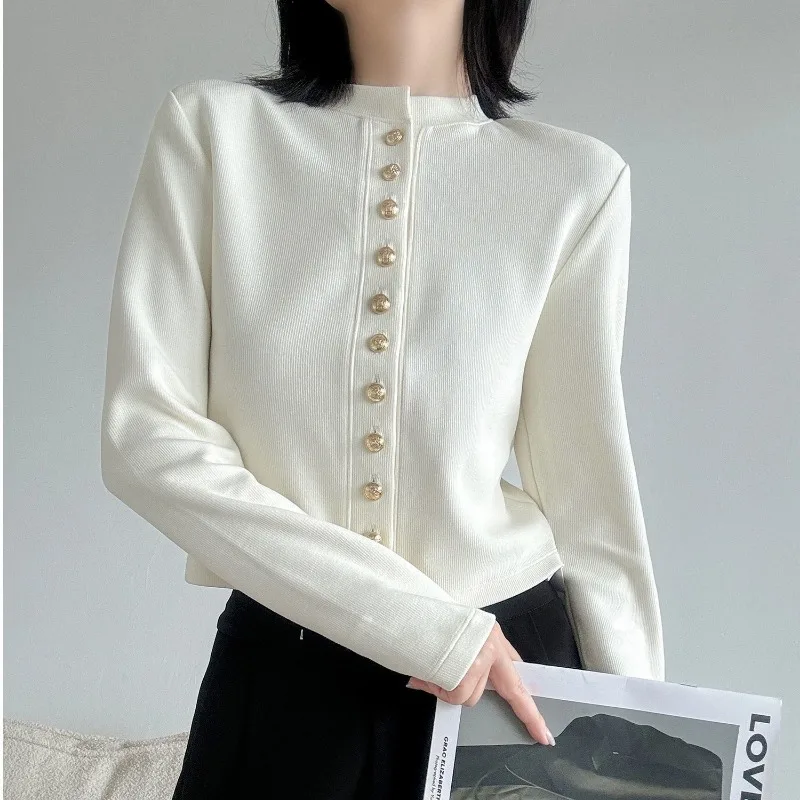 Luxury High-end Metal Button Cropped Cardigan Long Sleeve Short Top Autumn Knitted Cardigan Women Slim Coat Trend Design Jackets