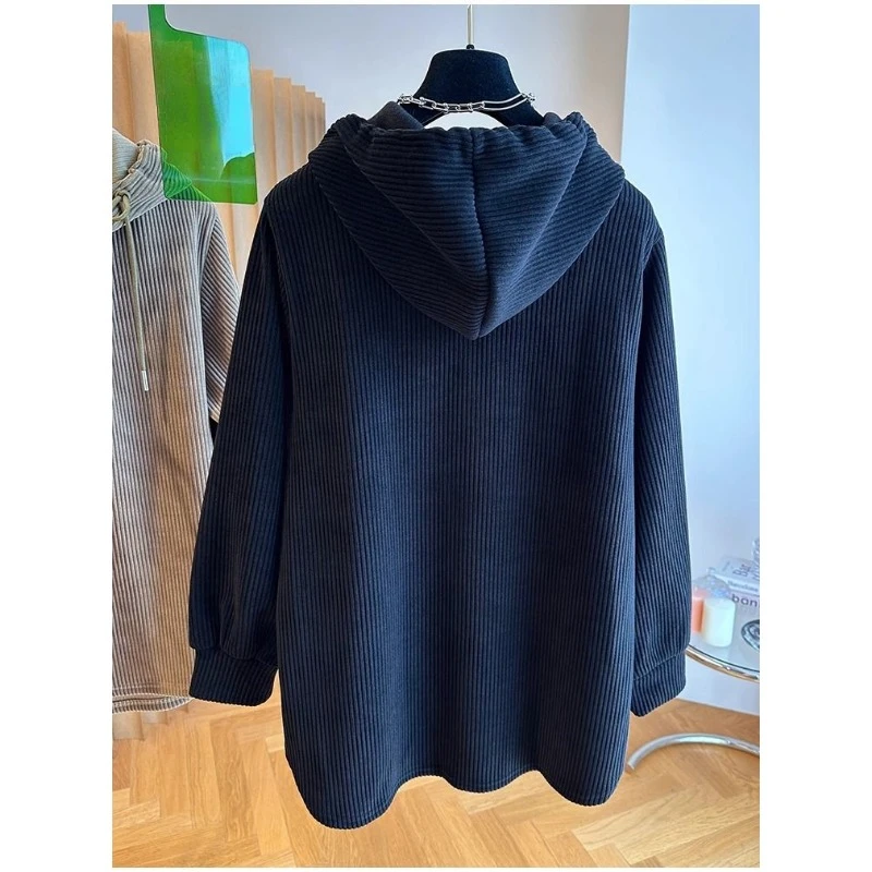 Pull à capuche en velours côtelé pour femme, superposition intérieure, haut amincissant, manches longues, grande taille, polyvalent, automne, hiver