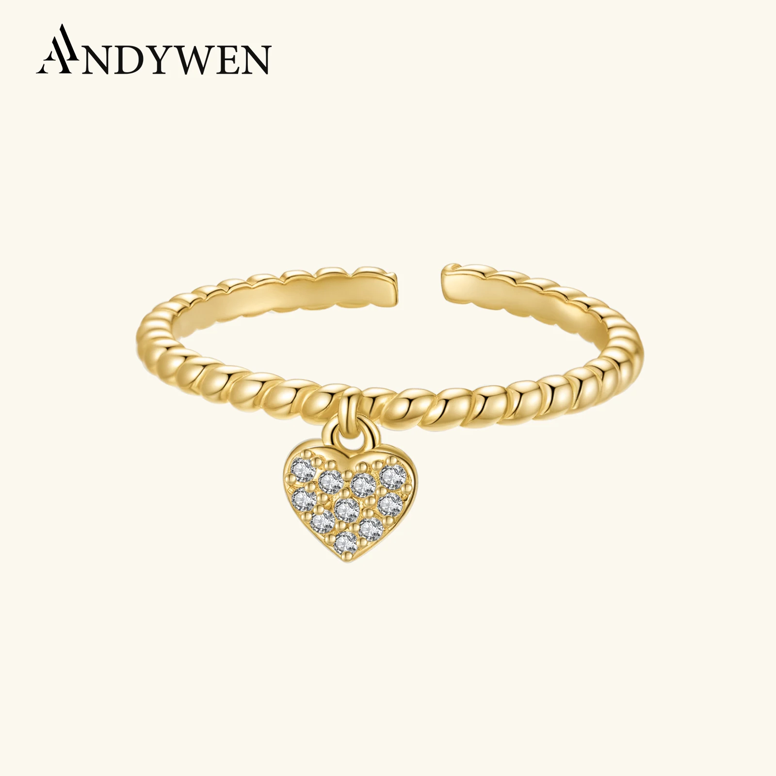 

ANDYWEN стерлингового серебра 925 пробы в форме сердца с цирконом, открытое регулируемое кольцо, текстура бусин, женский роскошный подарок на День святого Валентина